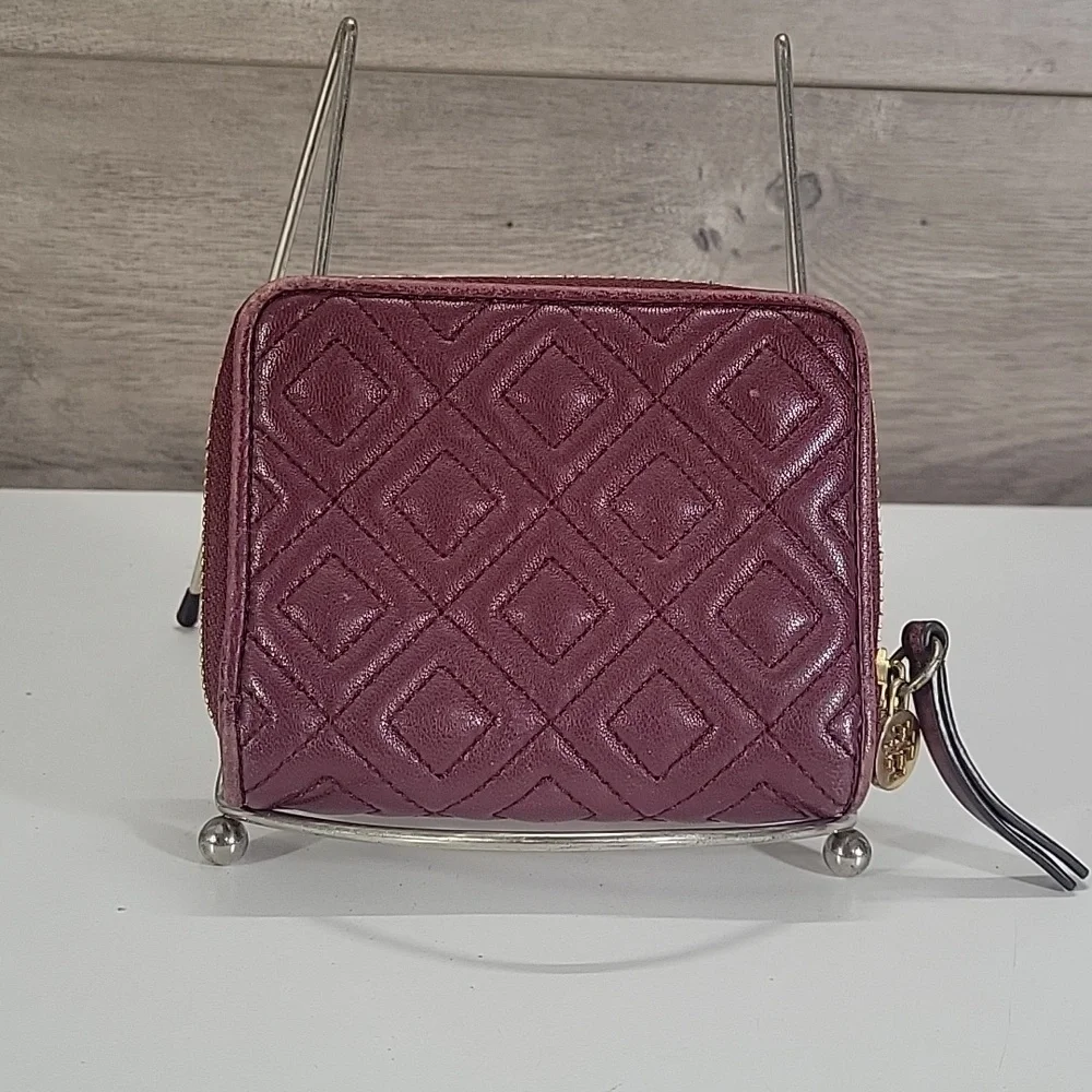 Tory Burch Burgundy Quilted Diamond Zip Wallet